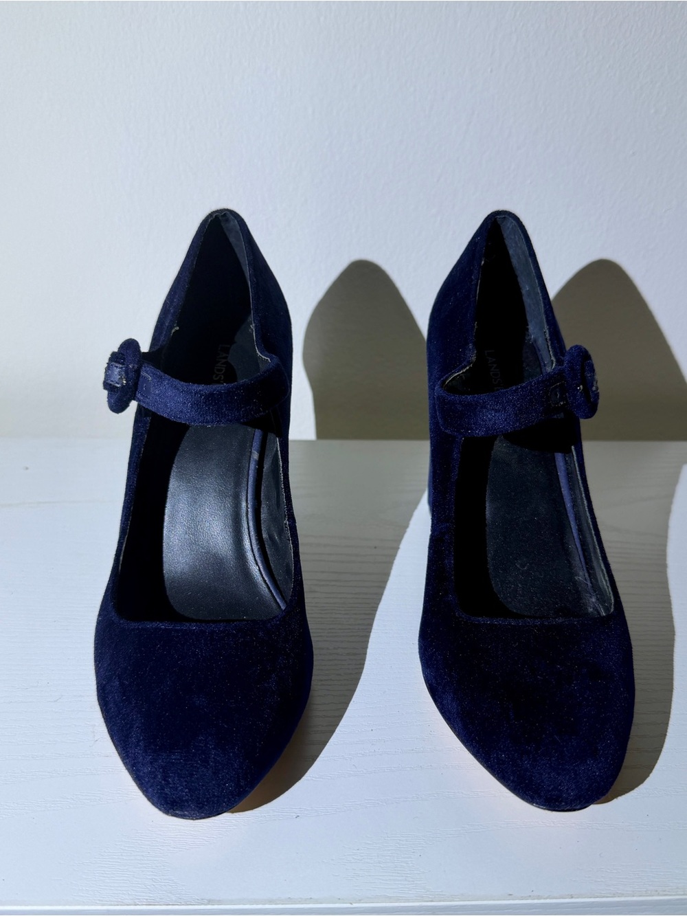 Land's End Navy Blue Velvet Mary Jane Block Heels 7
